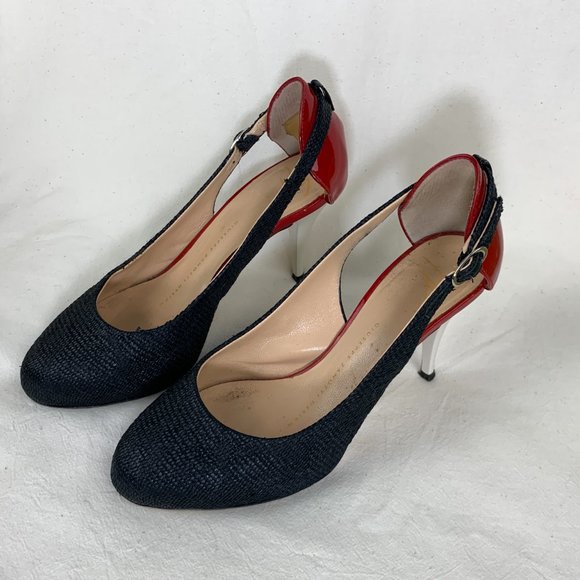 Giuseppe Zanotti Stiletto in Black Straw with Red & White Patent Heel - Picture 3 of 10